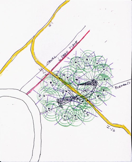 Mary Ellen Carroll. Public Utility 2.0 (Drawing of Nodes for a Mesh Network in Conjunction with Super Wi-Fi Towers and Connectivity in New Orleans), 2014. Ink on paper, 10 × 8 in (25.4 × 20.3 cm). Courtesy the artist.